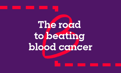 Image with the title "The Road to Beating Blood Cancer" and a dashed line indicating a road.